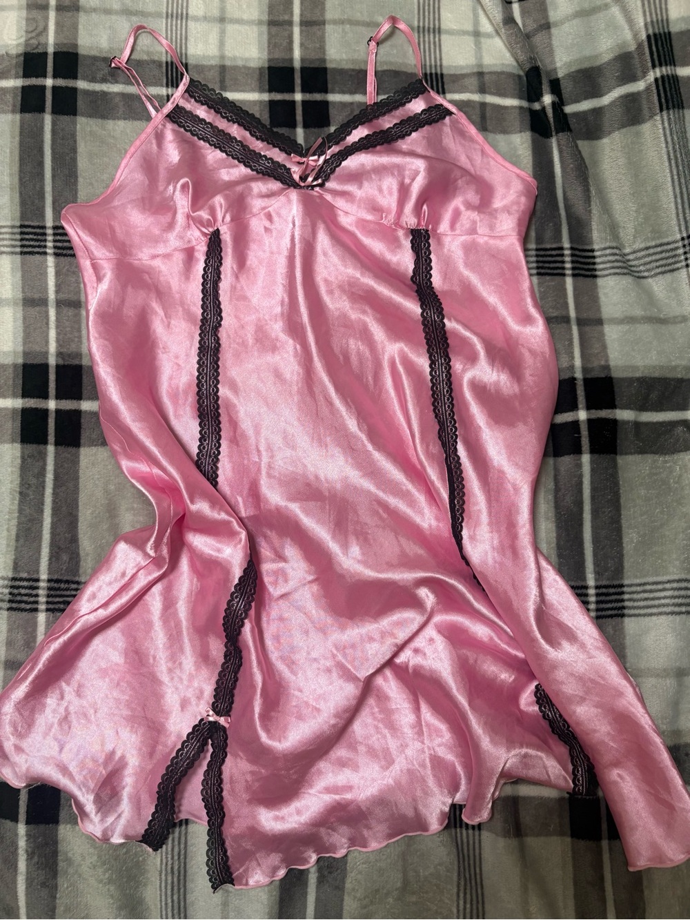 Pink Satin Slip with Black Lace Trim